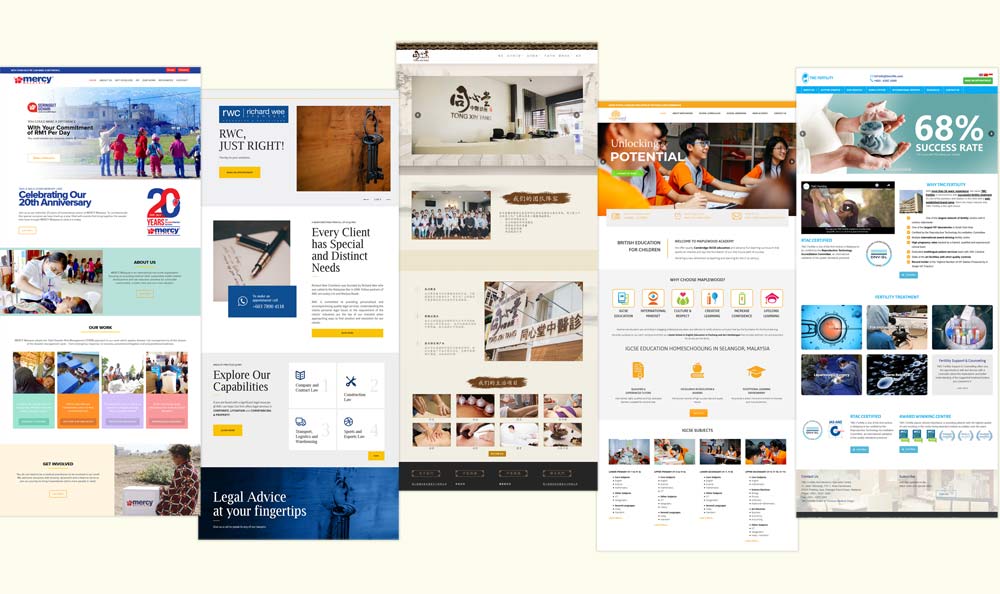 A collection of website design interfaces showcasing different layouts, color schemes, and content types, representing website design diversity